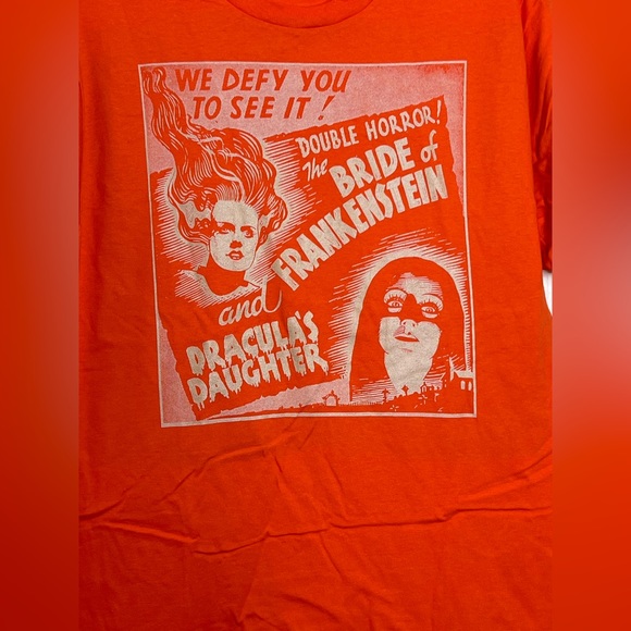 2/$20 ⭐ Men's Orange T Shirt Double Horror! The Bride of Frankestein Size S - Picture 2 of 4